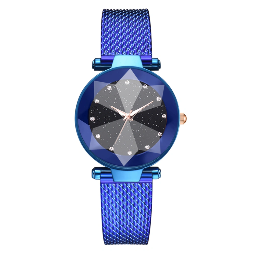 Casual Alloy Quartz Round Dial Female Rhinestone Watch Silicone Strap Wristwatch (Blue)