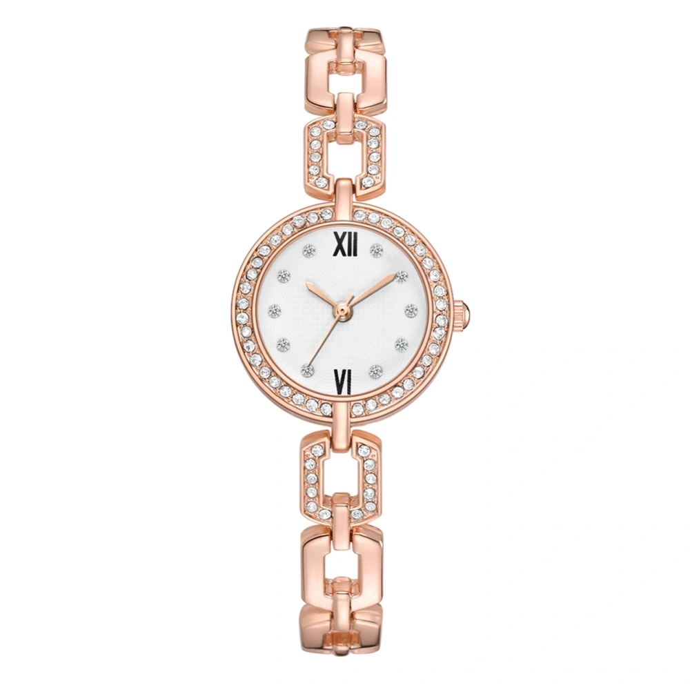 Alloy Watch Round Dial Analog Display Quartz Wristwatch(Rose Golden Belt and White Dial)