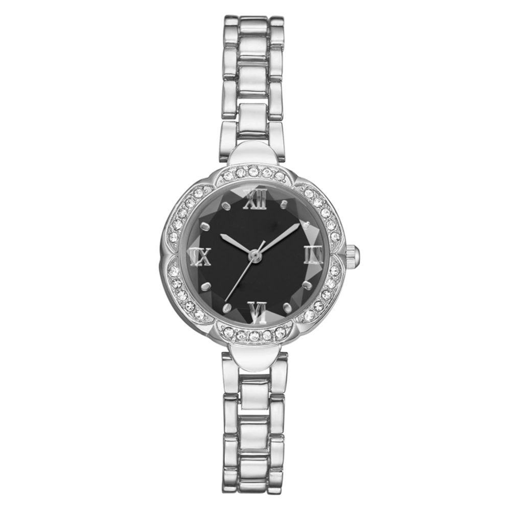 Fashionable Women Quartz Rhinestones Round Dial Alloy Wristwatch Watch(Silver Black)