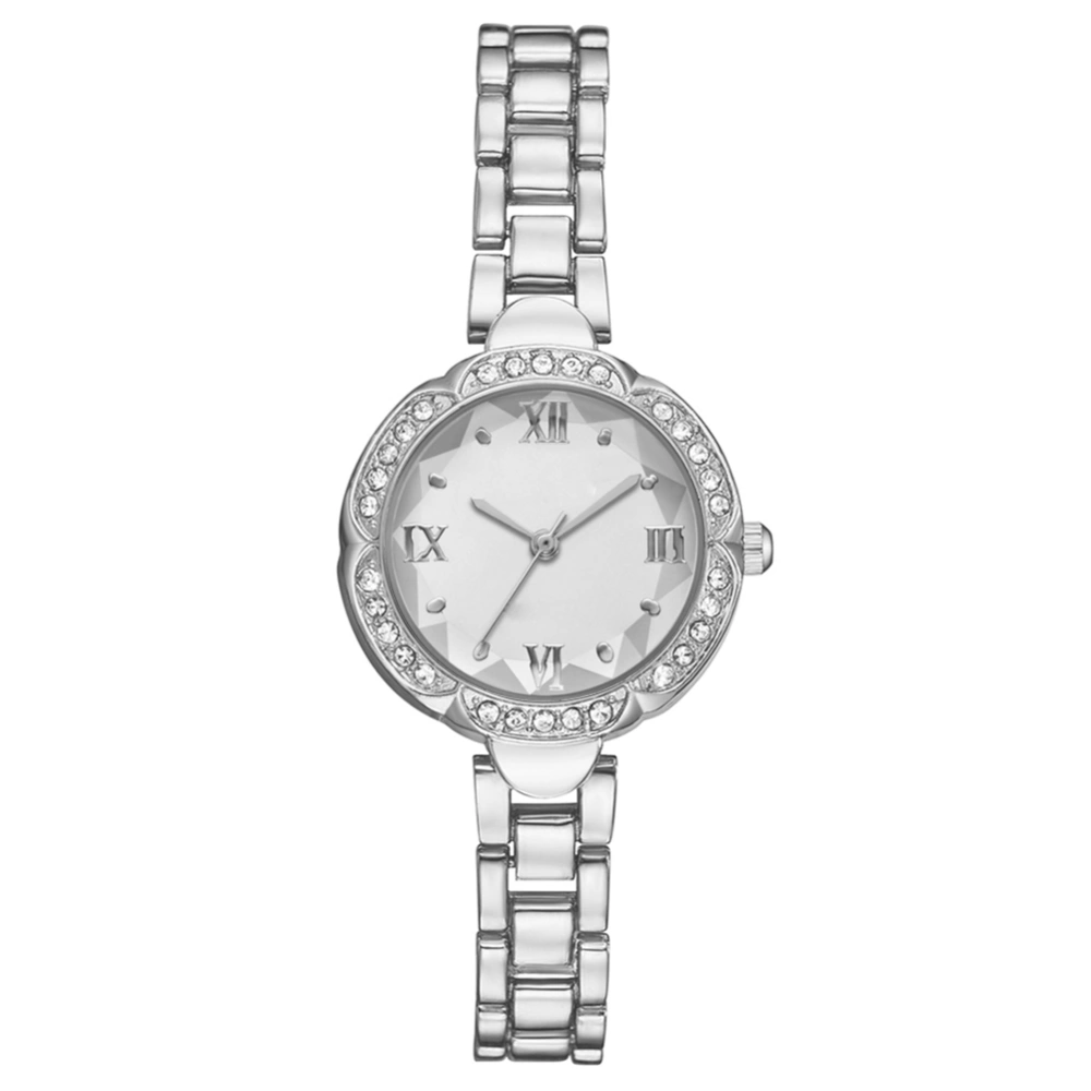 Fashionable Women Quartz Rhinestones Round Dial Alloy Wristwatch Watch(Silver White)