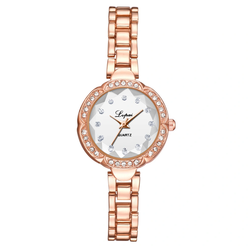 Women Quartz Rhinestones Steel Strap Round Dial Alloy Wristwatch Watch(Rose Gold White)