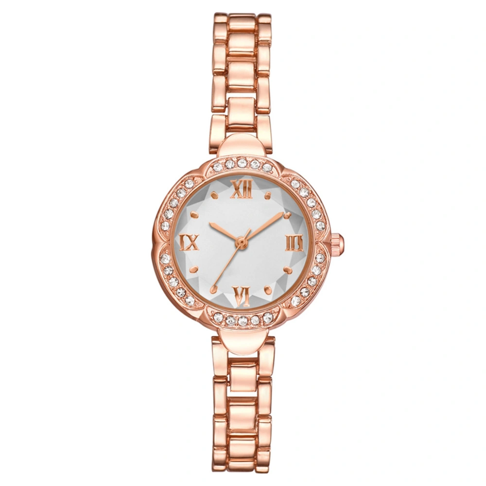 Fashionable Women Quartz Rhinestones Round Dial Alloy Wristwatch Watch(Rose Gold White)