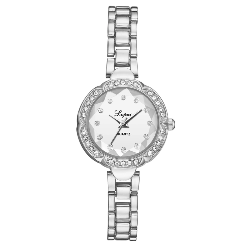 Women Quartz Rhinestones Steel Strap Round Dial Alloy Wristwatch Watch(Silver White)