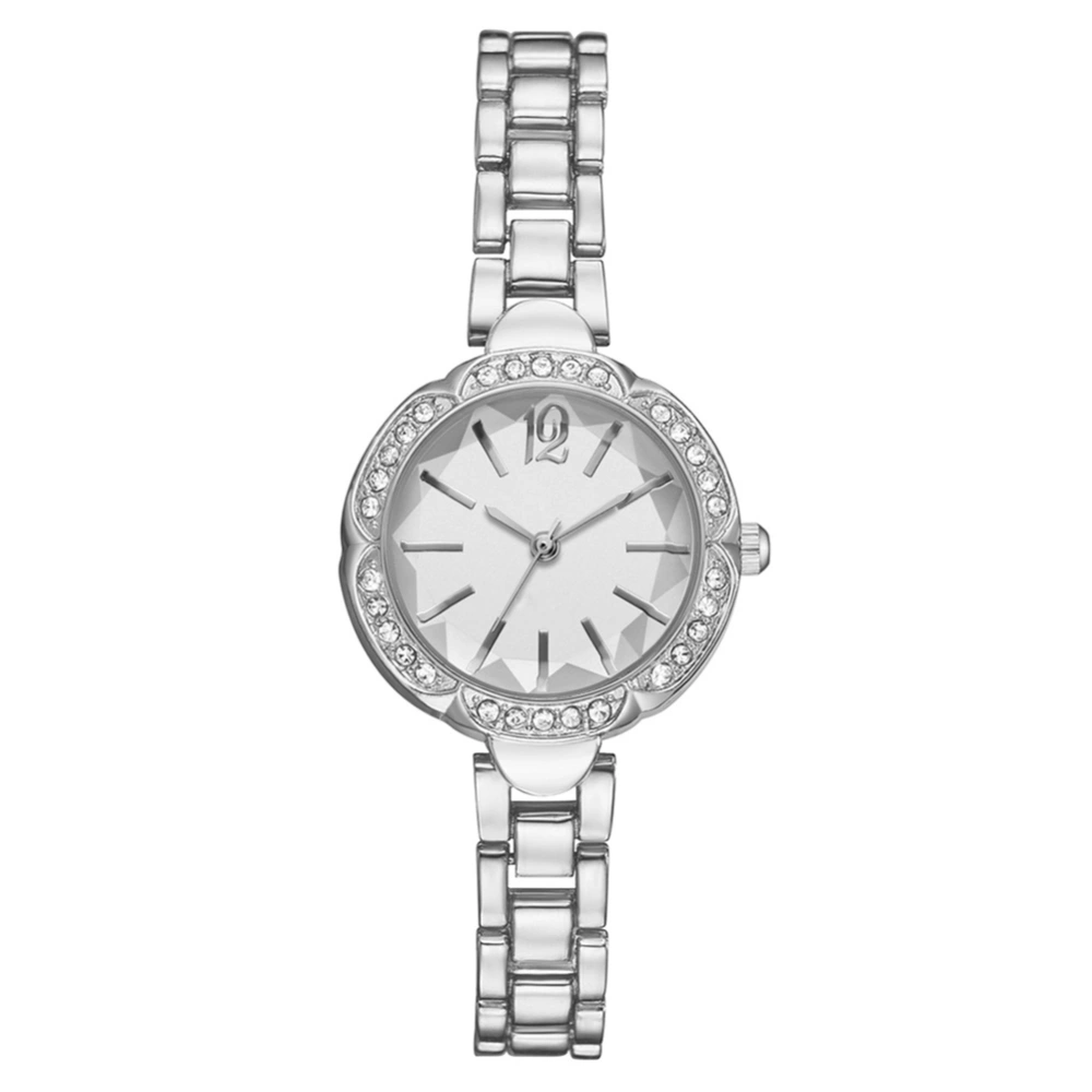 Fashionable Women Quartz Rhinestones Steel Strap Alloy Wristwatch Watch(Silver White)