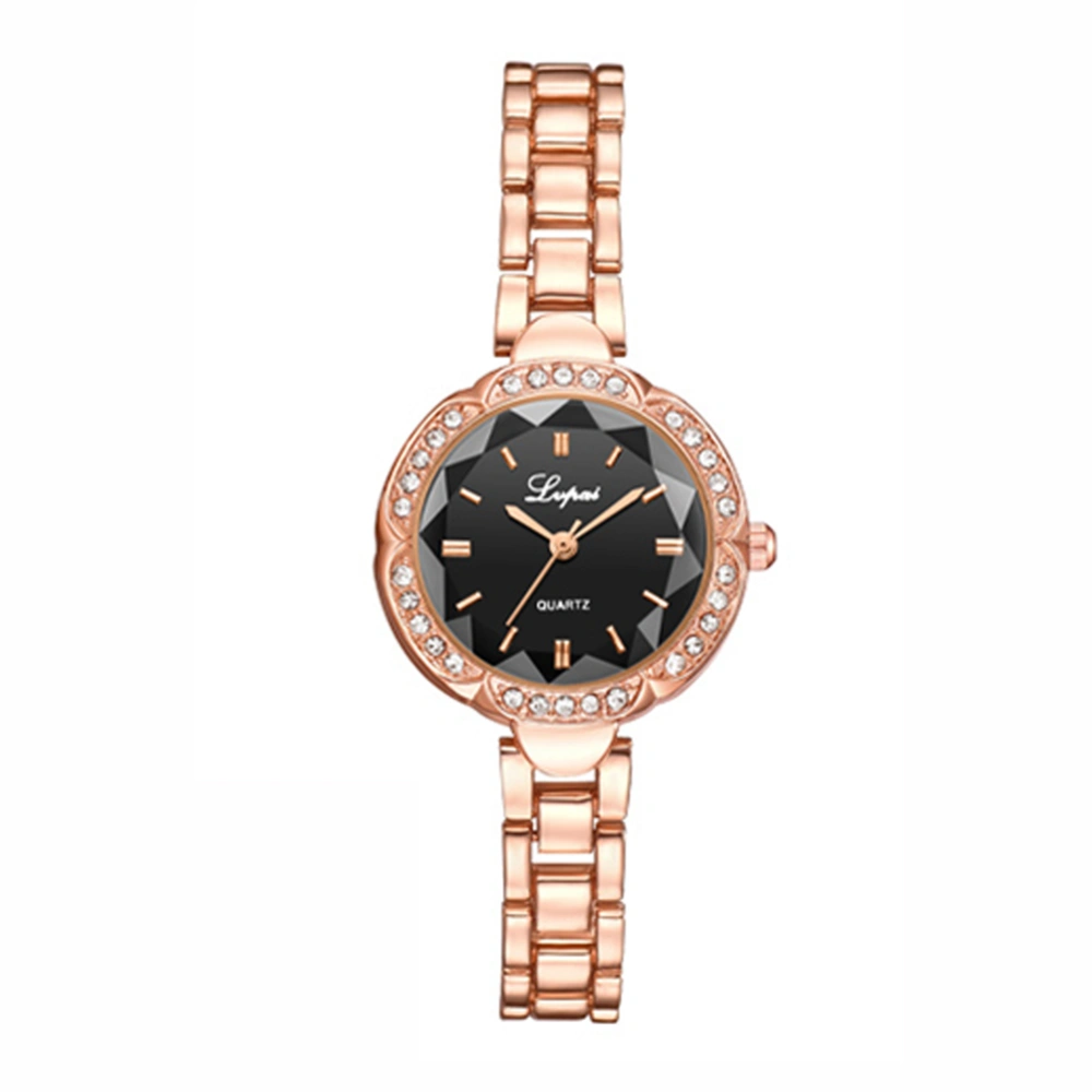 Exquisite Women Alloy Quartz Watch Roman Numeral Round Dial Rhinestone Watch (Rose Gold Black)