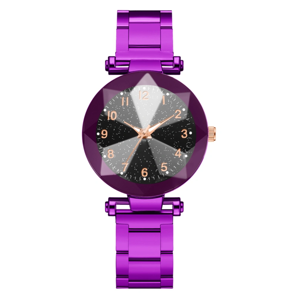 Women Quartz Watch Round Dial Alloy Belt Elegant Casual Wristwatch Purple