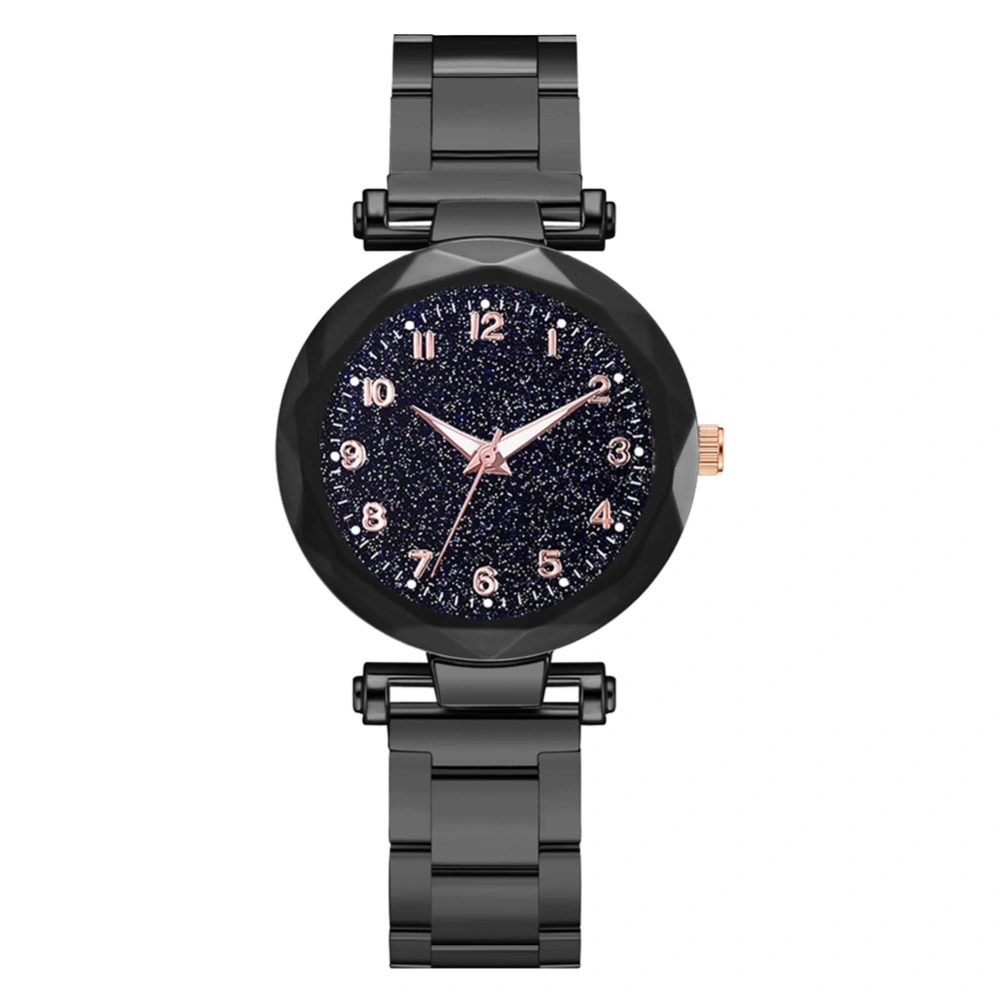 Women Quartz Watch Round Dial Alloy Belt Elegant Casual Wristwatch Black