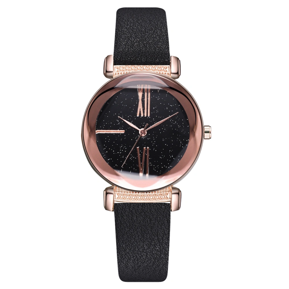 DISU Men Women Fashionable PU Strap Watch Round Dial Analog Display Quartz Wristwatch(black)