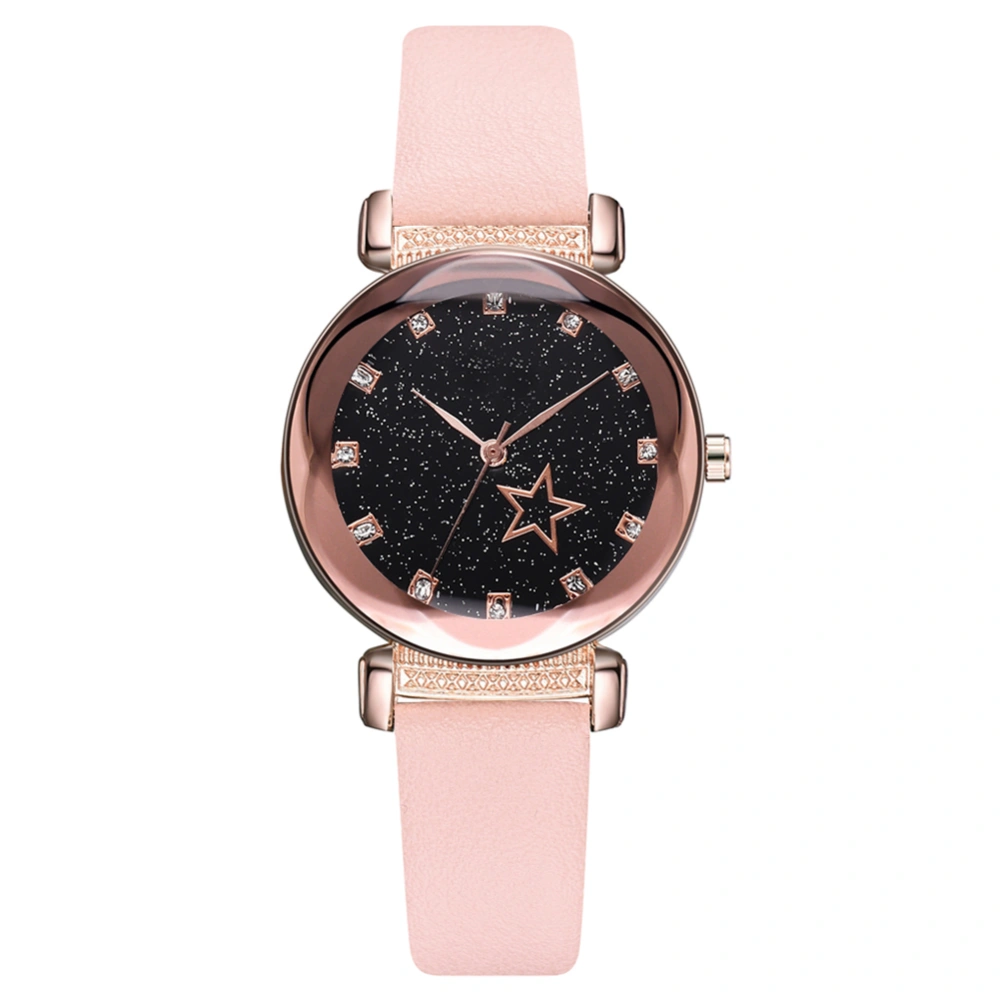 DISU Men Women Fashionable PU Strap Watch Round Dial Analog Display Quartz Wristwatch(pink)