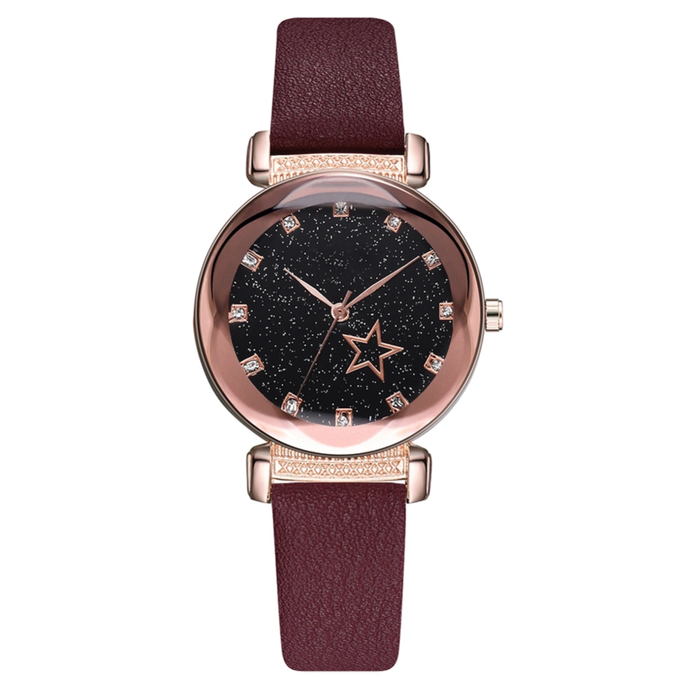 DISU Men Women Fashionable PU Strap Watch Round Dial Analog Display Quartz Wristwatch(wine red)