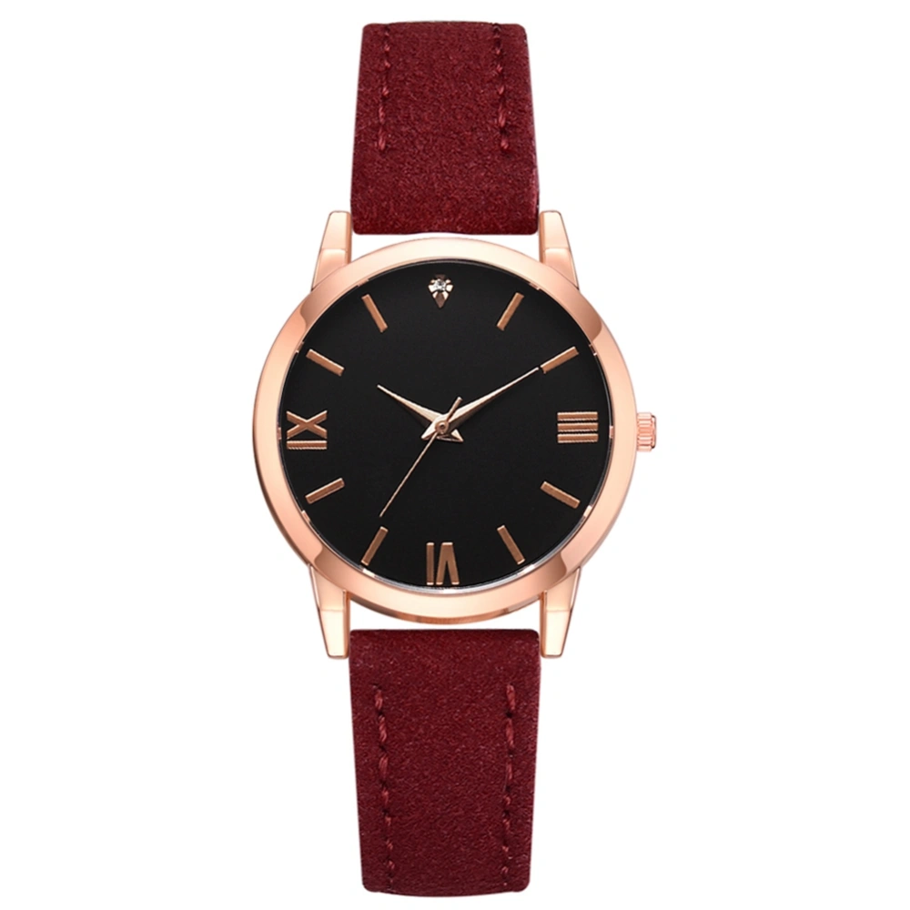 Fashionable Women Lady PU Wrist Watch Round Dial Analog Display Quartz Wristwatch Burgundy