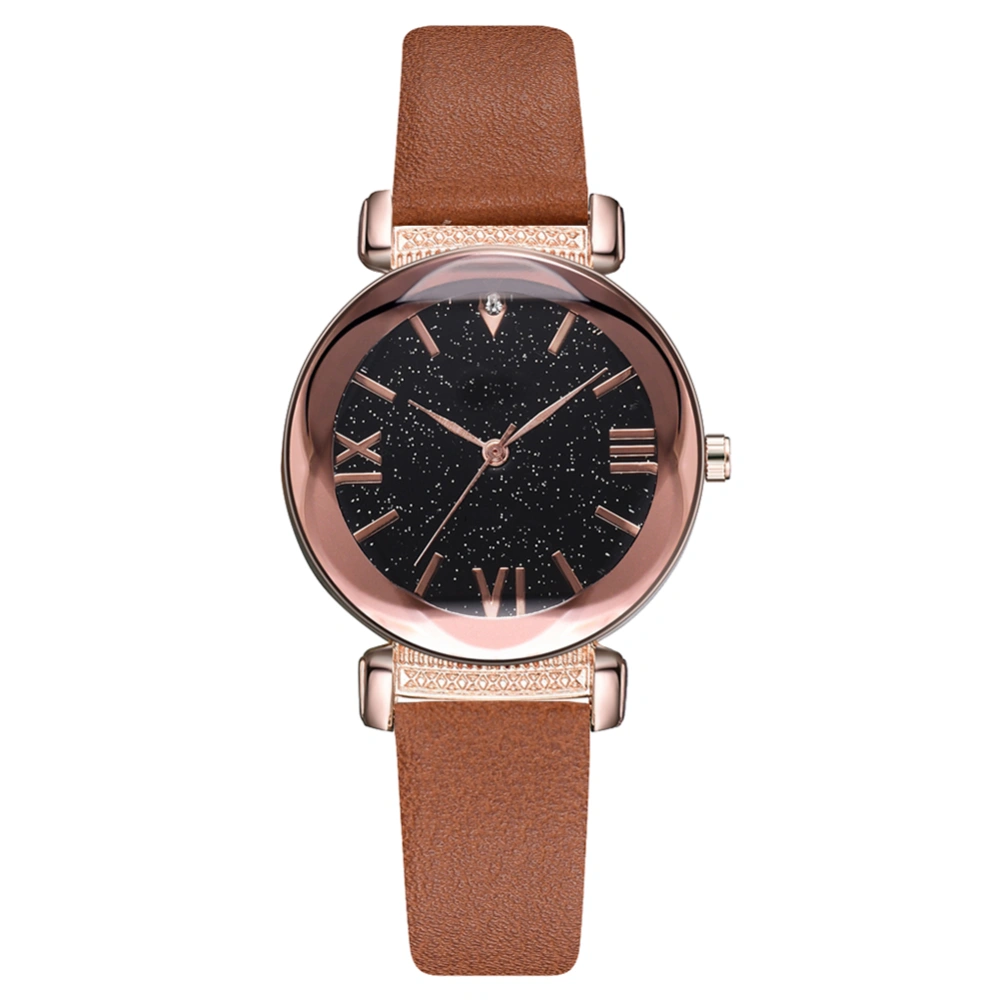 Fashion Simple Starry Sky Dial Watch PU Leather Strap Quartz Wristwatch (Coffee)