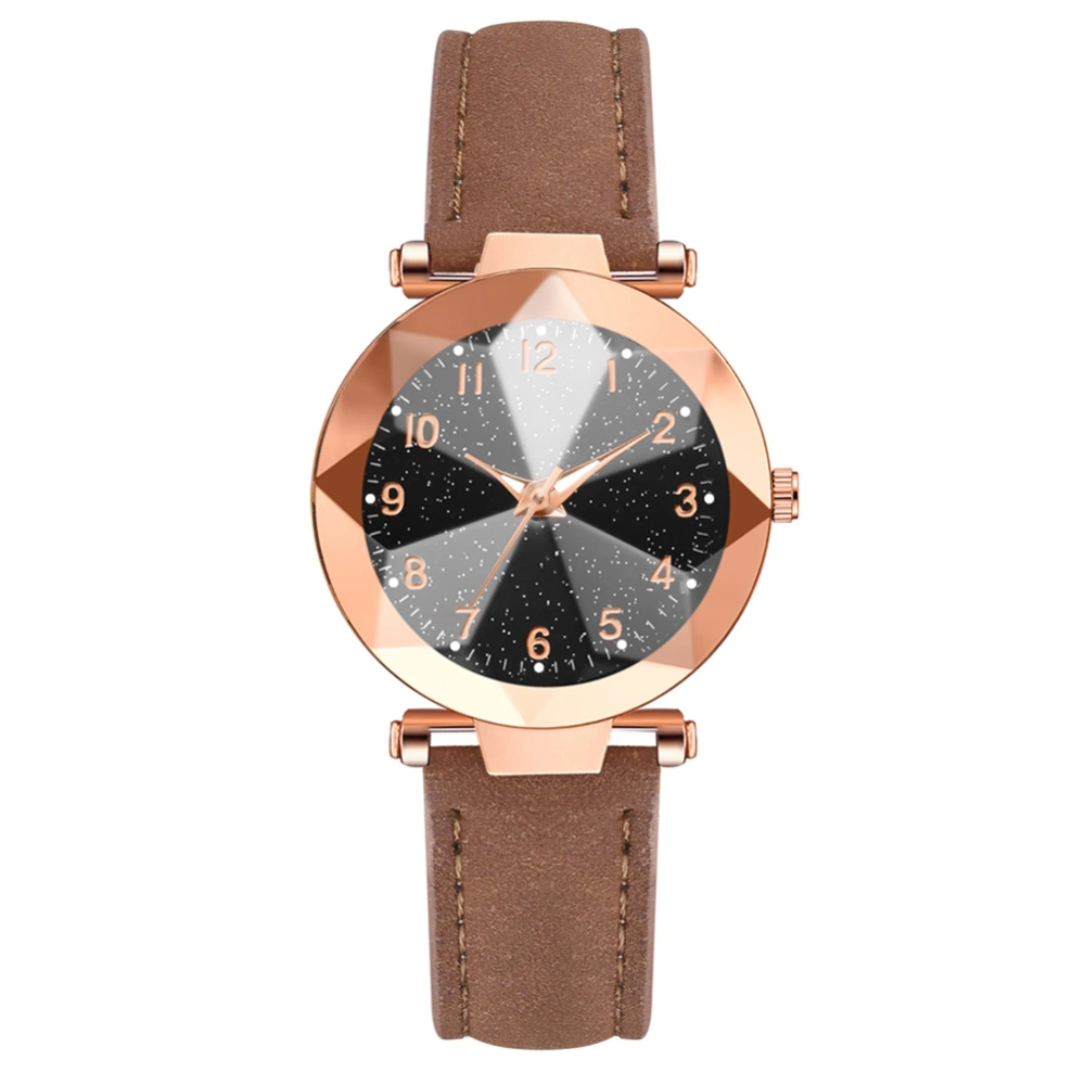 Women Lady PU Leather Watch Round Dial Number Display Simple Quartz Wristwatch(Brown)