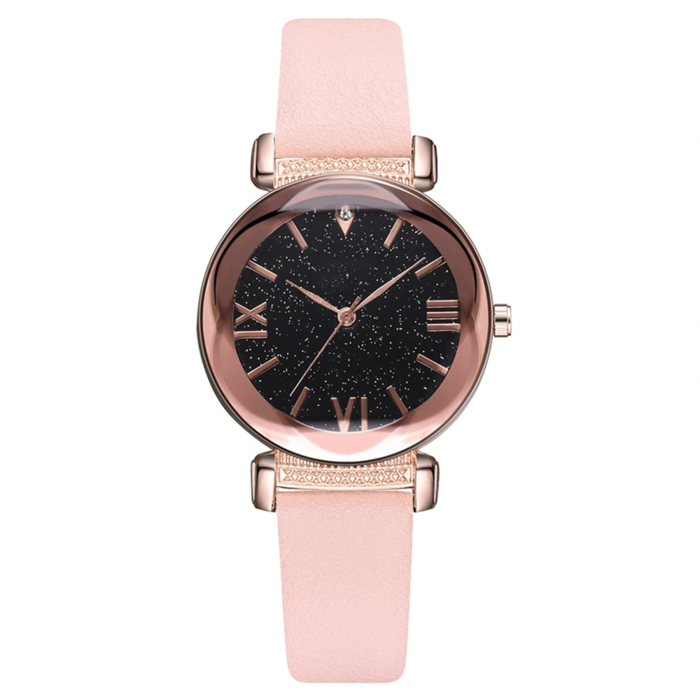 Fashion Simple Starry Sky Dial Watch PU Leather Strap Quartz Wristwatch (Pink)