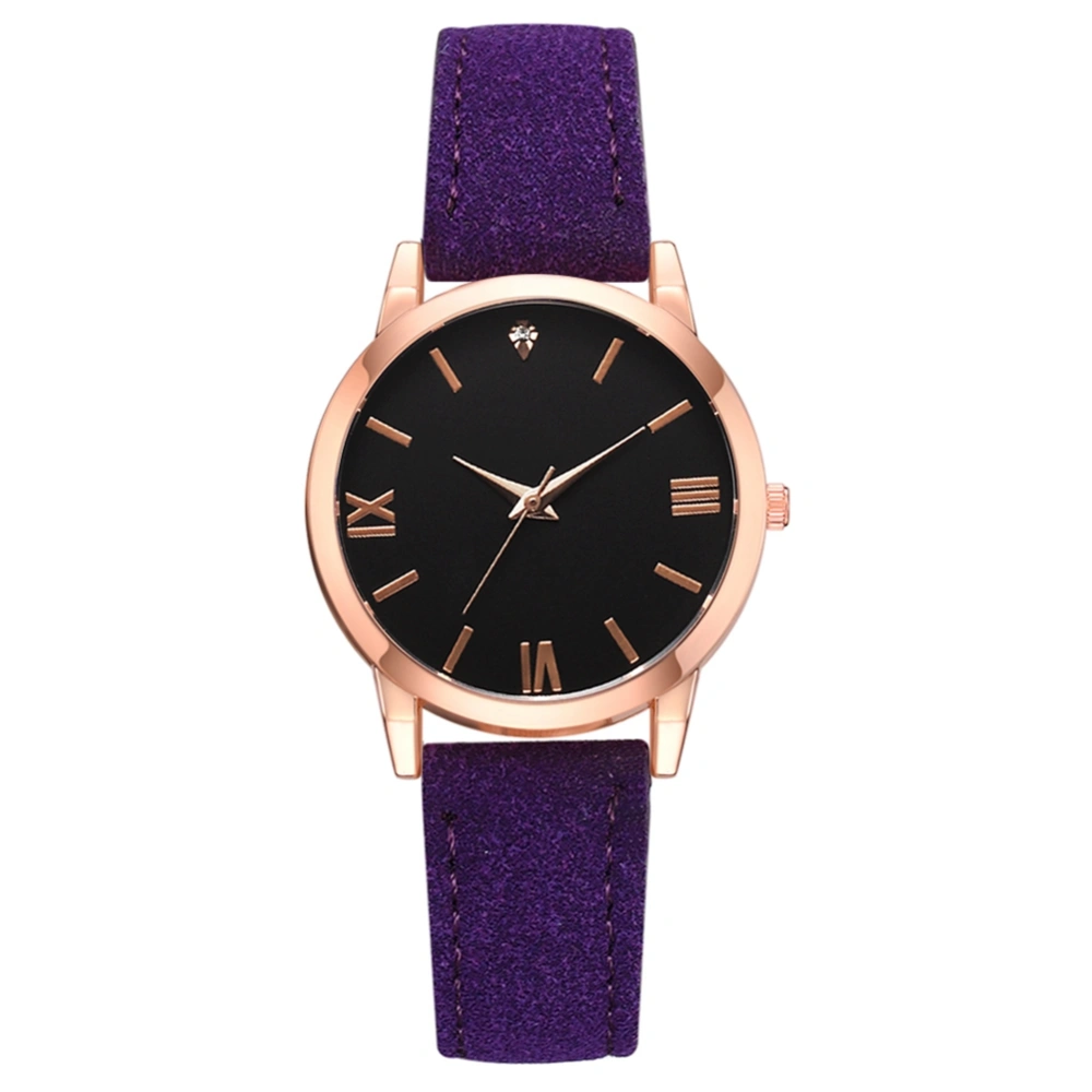 Fashionable Women Lady PU Wrist Watch Round Dial Analog Display Quartz Wristwatch Purple