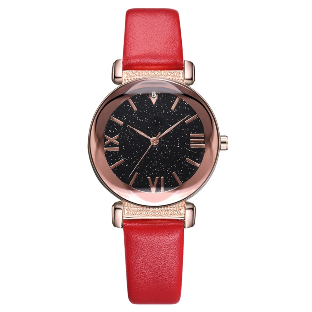 Fashion Simple Starry Sky Dial Watch PU Leather Strap Quartz Wristwatch (Red)