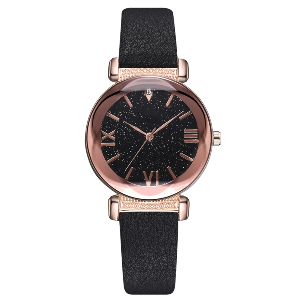 Fashion Simple Starry Sky Dial Watch PU Leather Strap Quartz Wristwatch (Black)