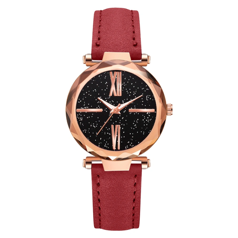 Fashionable Starry Sky Dial Women Alloy PU Strap Roman Quartz Wristwatch Watch(Red)