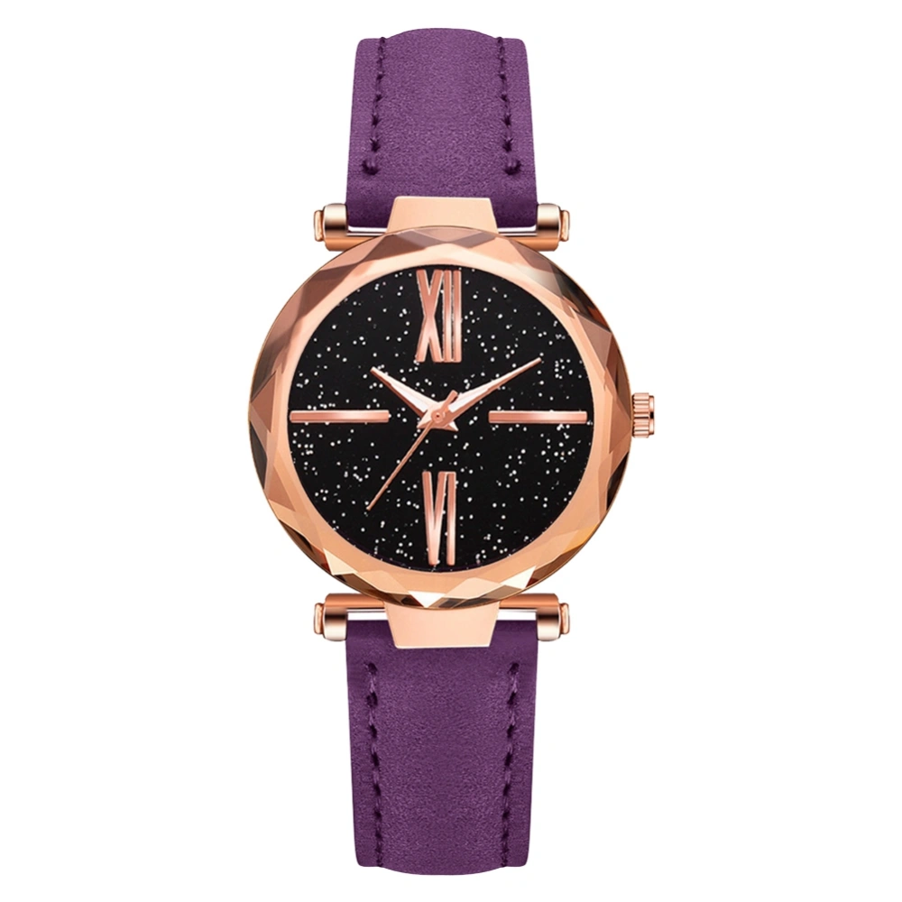 Fashionable Starry Sky Dial Women Alloy PU Strap Roman Quartz Wristwatch Watch(Purple)