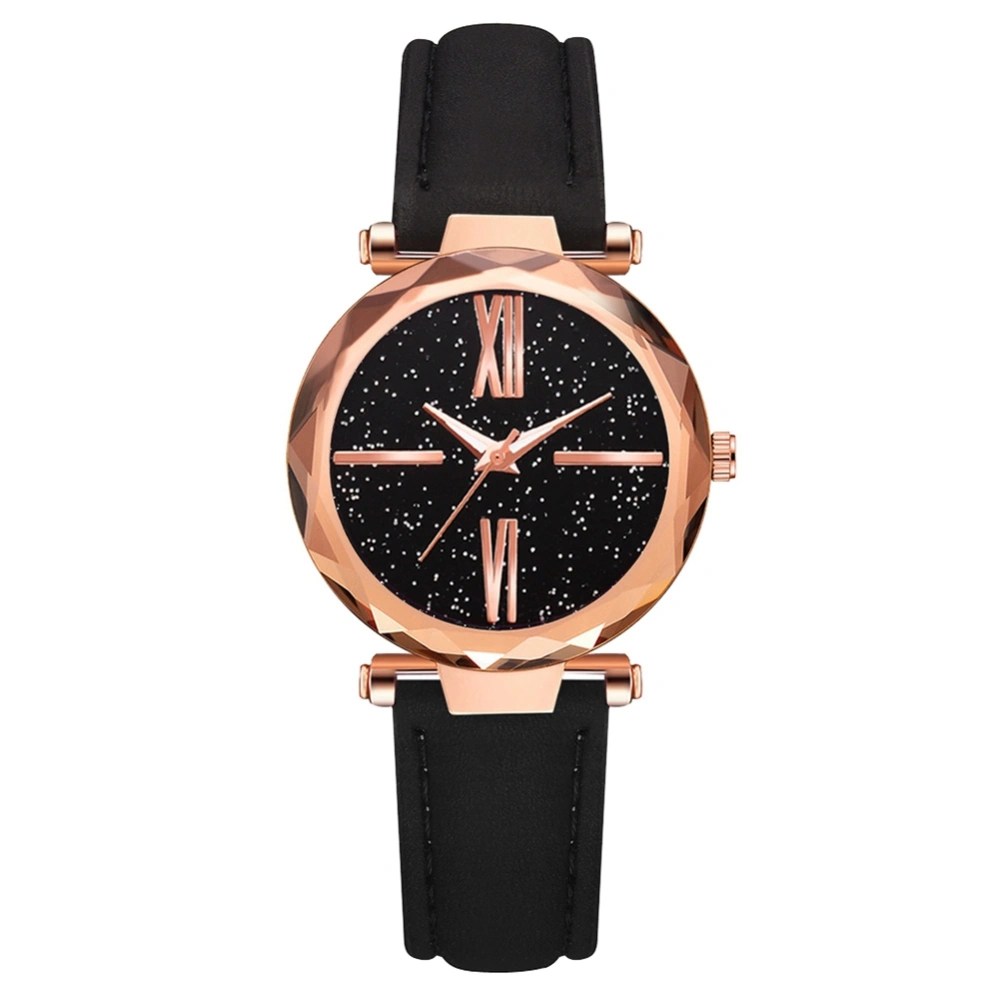 Fashionable Starry Sky Dial Women Alloy PU Strap Roman Quartz Wristwatch Watch(Black)