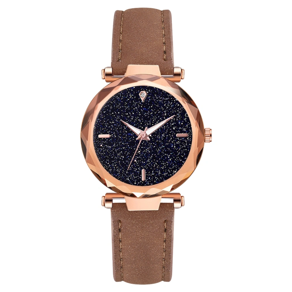 Fashion PU Leather Strap Quartz Watch Starry Sky Dial Casual Female Watch (Brown)