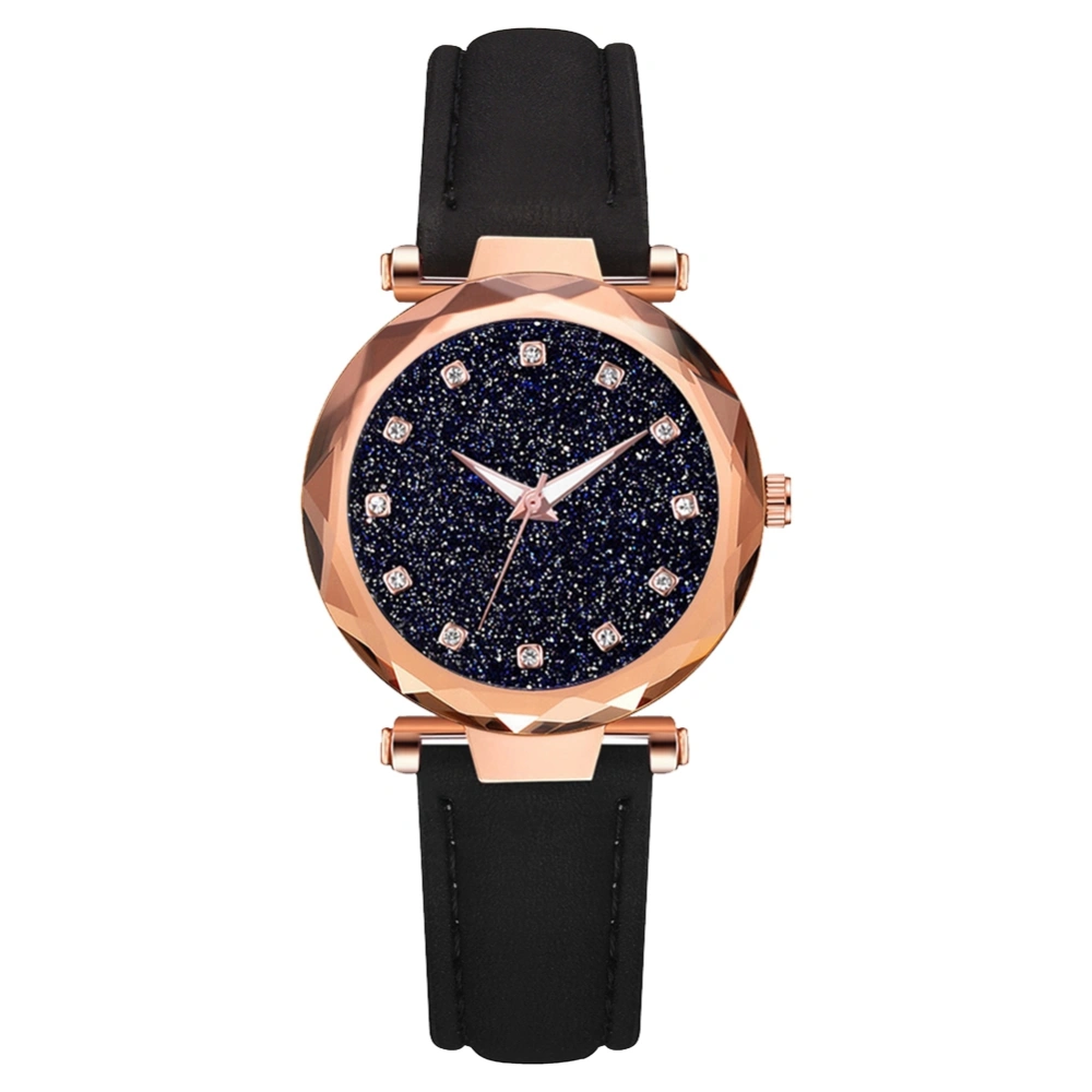 Fashion Women PU Leather Strap Quartz Watch Starry Sky Dial Rhinestone Watch (Black)