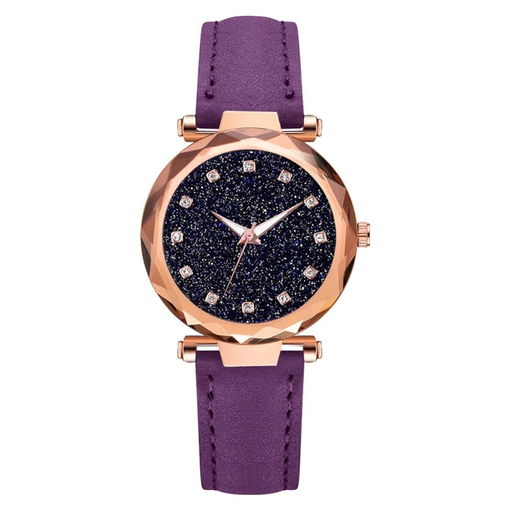 Fashion Women PU Leather Strap Quartz Watch Starry Sky Dial Rhinestone Watch (Purple)