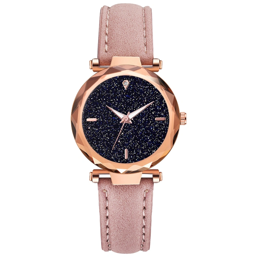 Fashion PU Leather Strap Quartz Watch Starry Sky Dial Casual Female Watch (Pink)