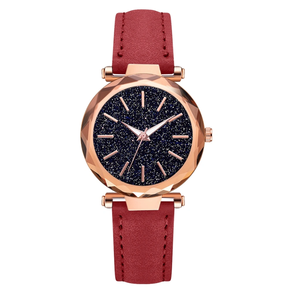 Fashion PU Leather Strap Quartz Watch Starry Sky Dial Casual Female Watch (Red)