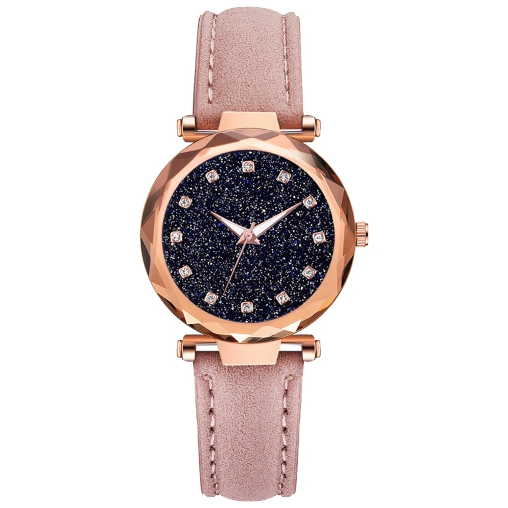 Fashion Women PU Leather Strap Quartz Watch Starry Sky Dial Rhinestone Watch (Pink)