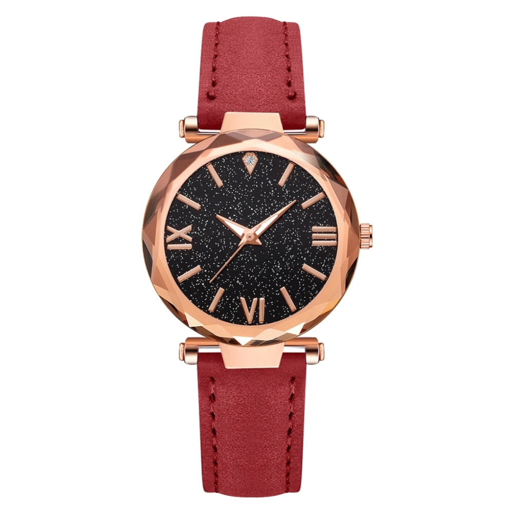 Women Analog Glitter Dial Quartz Watch Casual PU Leather Strap Wristwatch (Red)