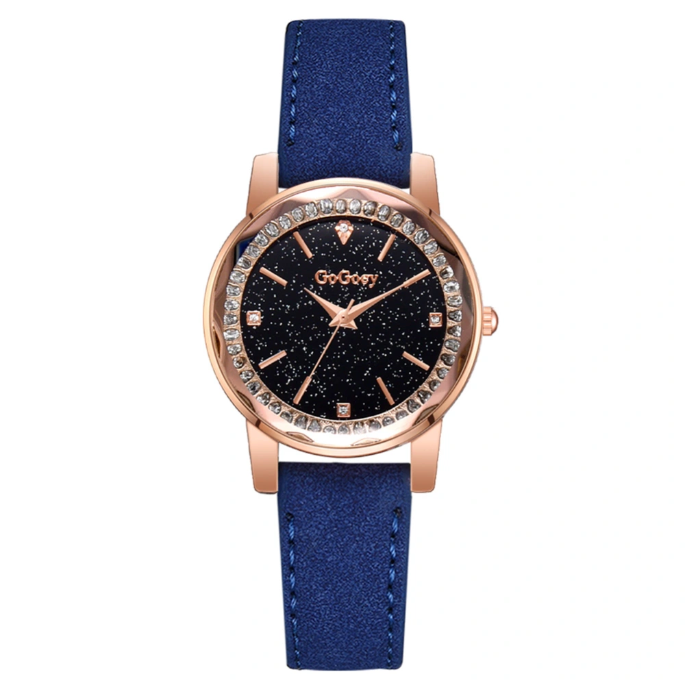 PU Fashion Quartz Rhinestone Watch Simple Style Leisure Casual Wristwatch (Blue)