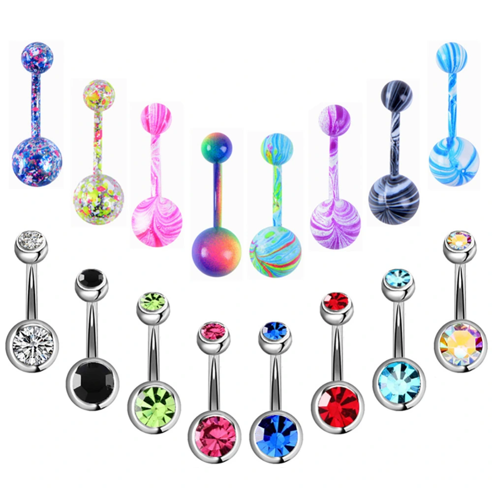 16 Pcs Stainless Steel Double Rhinestone Belly Button Color Navel Ring Set