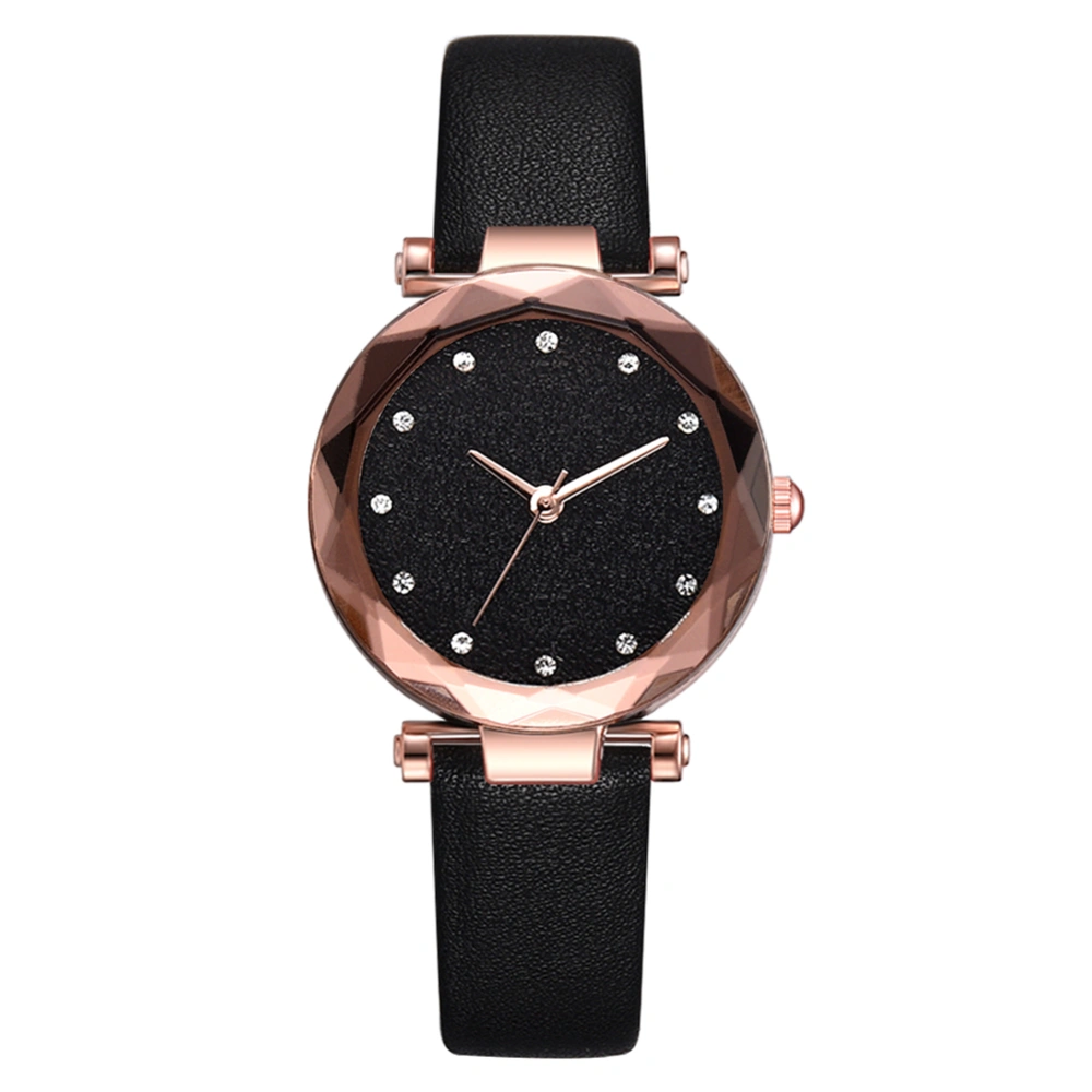 Fashionable PU Strap Round Dial Analog Display Quartz Women Wristwatch (Black)