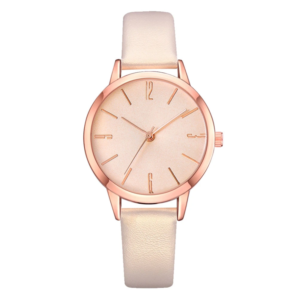 Fashionable PU Strap Round Dial Analog Display Quartz Women Wristwatch (Beige)