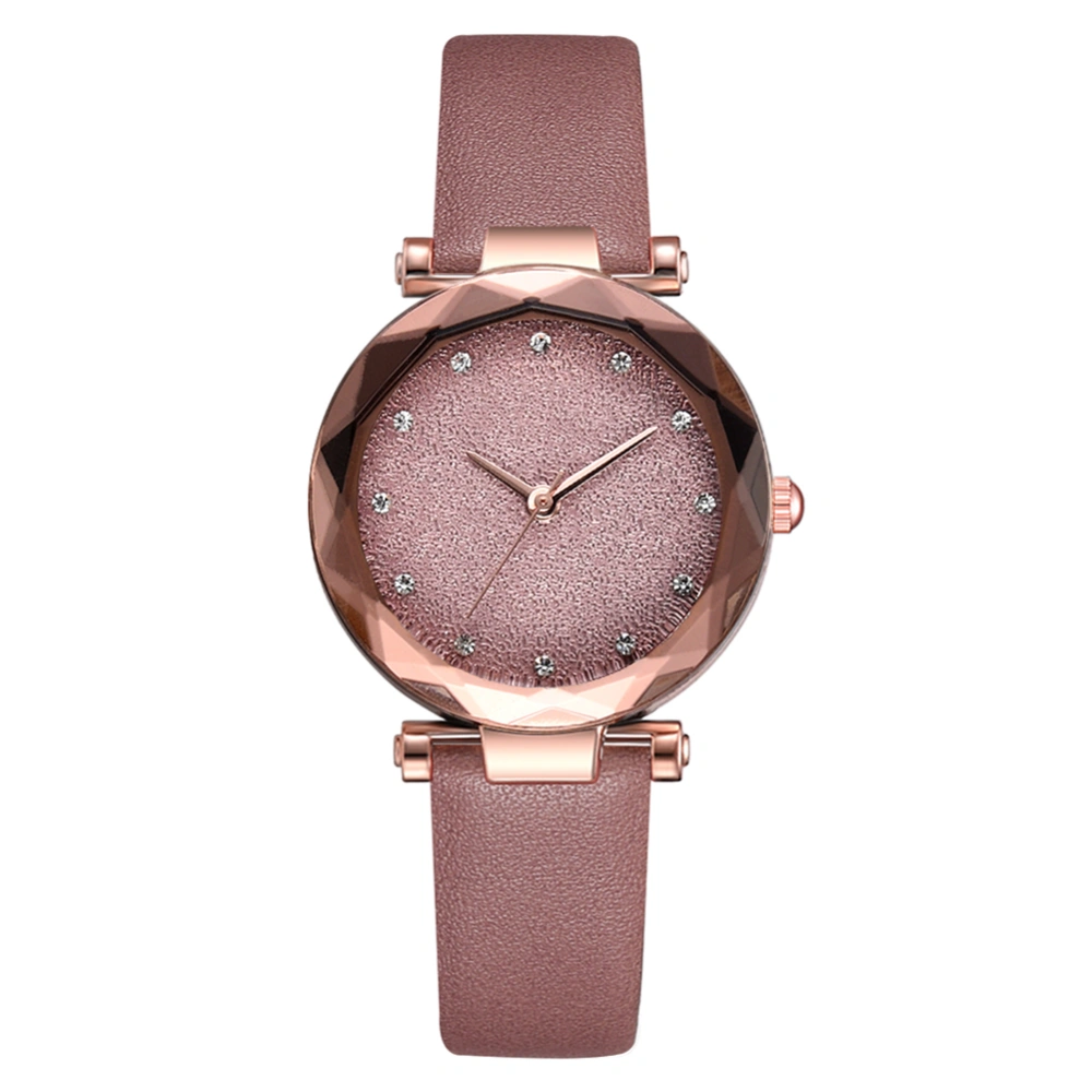 Fashionable PU Strap Round Dial Analog Display Quartz Women Wristwatch (Pink)