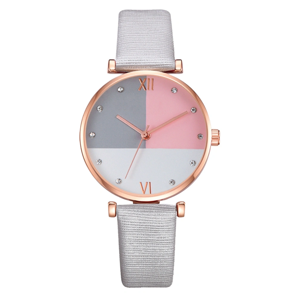 Fashion PU Strap Wrist Watch Women Lady Round Dial Rhiestone Decoration Quartz Watch Silver