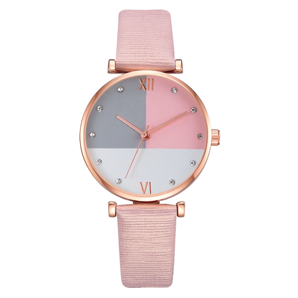 Fashion PU Strap Wrist Watch Women Lady Round Dial Rhiestone Decoration Quartz Watch Pink