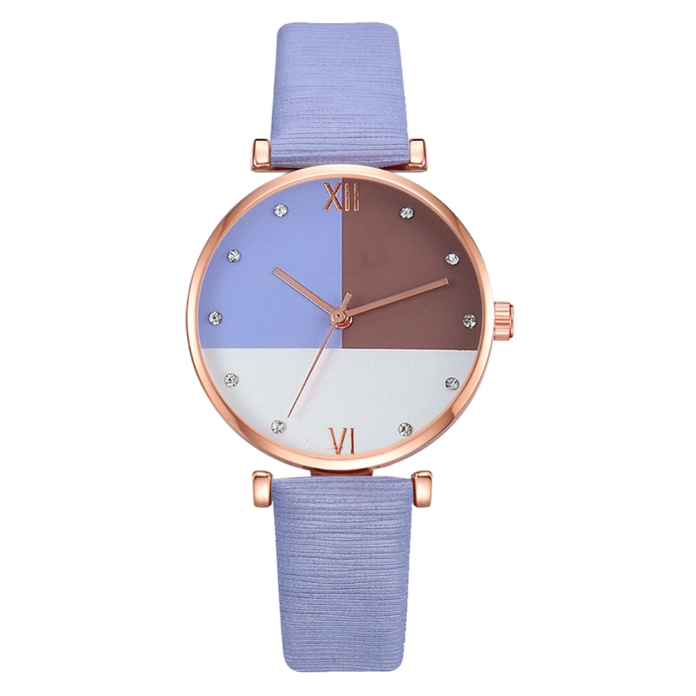 Fashion PU Strap Wrist Watch Women Lady Round Dial Rhiestone Decoration Quartz Watch Purple