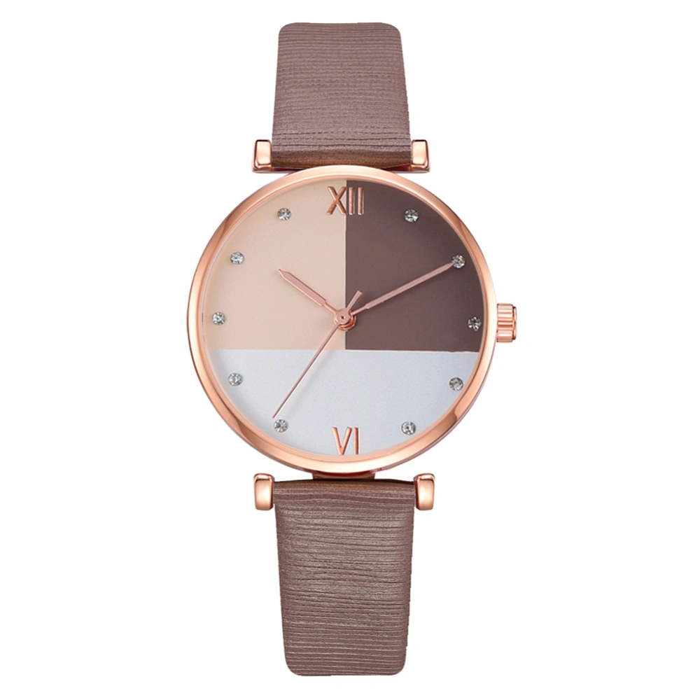 Fashion PU Strap Wrist Watch Women Lady Round Dial Rhiestone Decoration Quartz Watch Brown