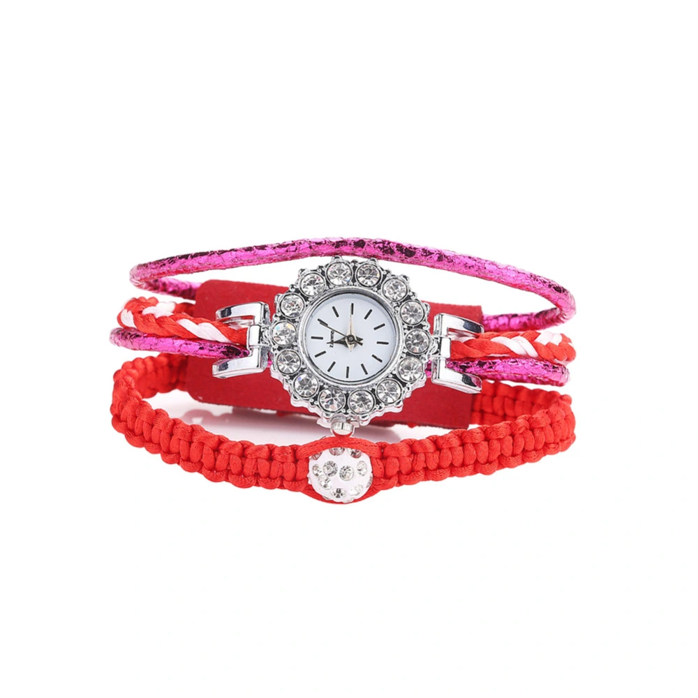 Fashion Women PU Leather Strap Quartz Rhinestone Woven Bracelet Watch (Red)