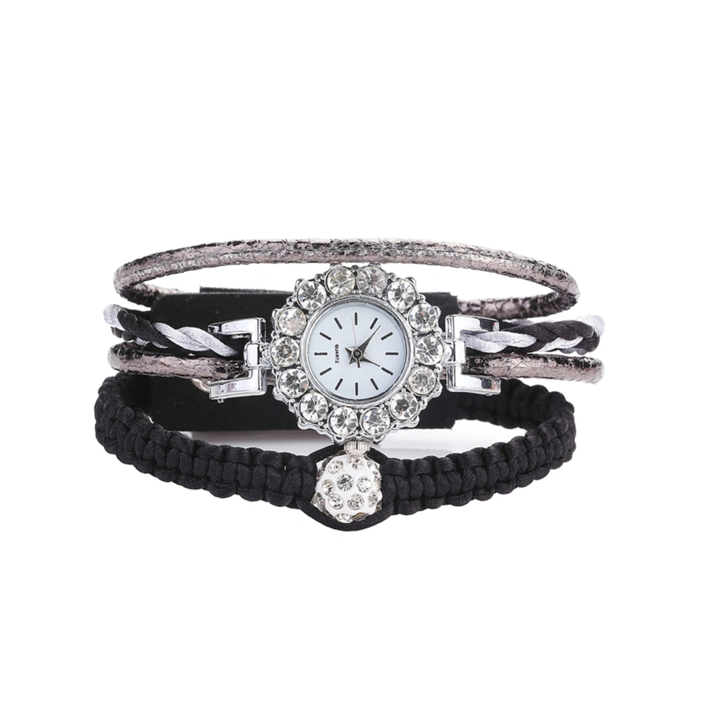 Fashion Women PU Leather Strap Quartz Rhinestone Woven Bracelet Watch (Black)