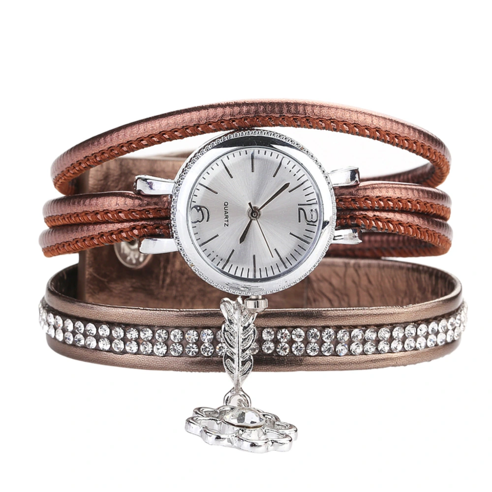 Fashion Women PU Leather Strap Quartz Exquisite Rhinestone Bracelet Watch (Brown)