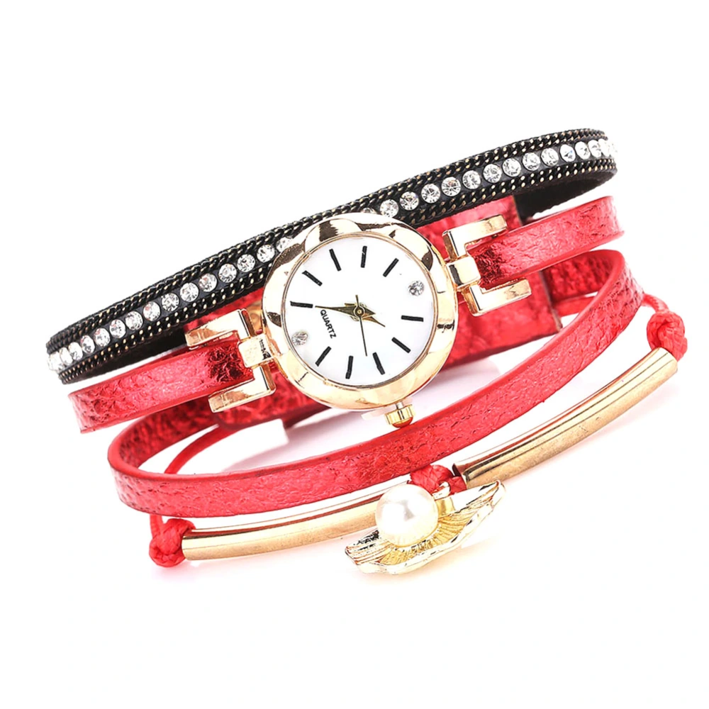 Fashion Women PU Leather Strap Quartz Faux Pearl Shell Bracelet Watch (Red)