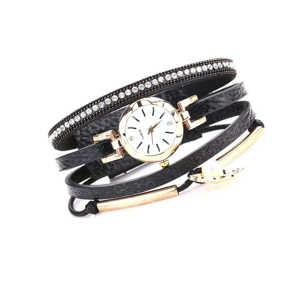 Fashion Women PU Leather Strap Quartz Faux Pearl Shell Bracelet Watch (Black)