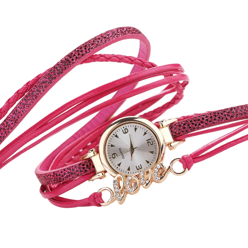 Fashion Women PU Leather Strap Quartz Rhinestone Love Pattern Bracelet Watch (Rose Red)