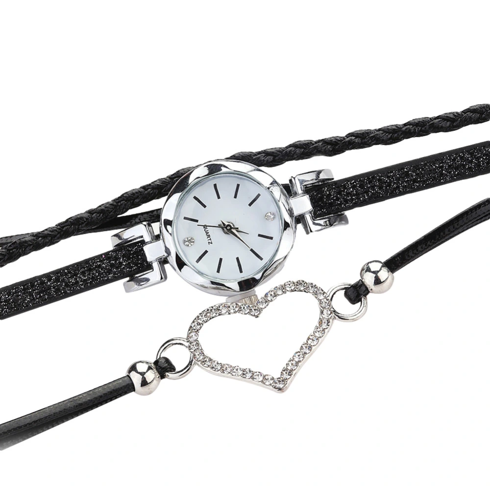 Fashion Women PU Leather Strap Quartz Hollow Rhinestone Heart Bracelet Watch (Black)