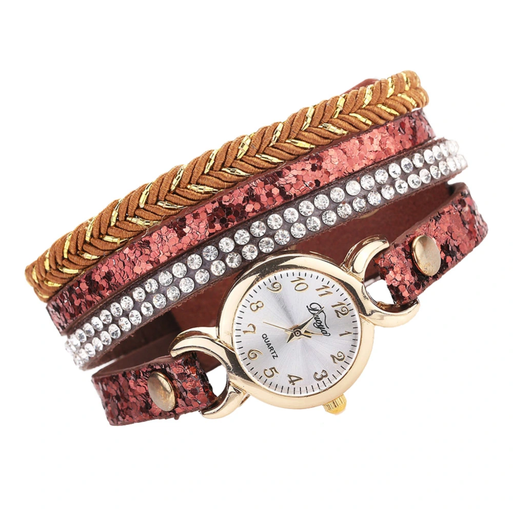 Fashion Women PU Leather Strap Quartz Rhinestone Woven Bracelet Watch (Brown)