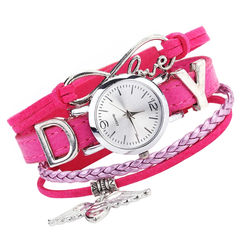 Fashion Women PU Leather Strap Quartz Heart Swing Pattern Bracelet Watch (Rose Red)