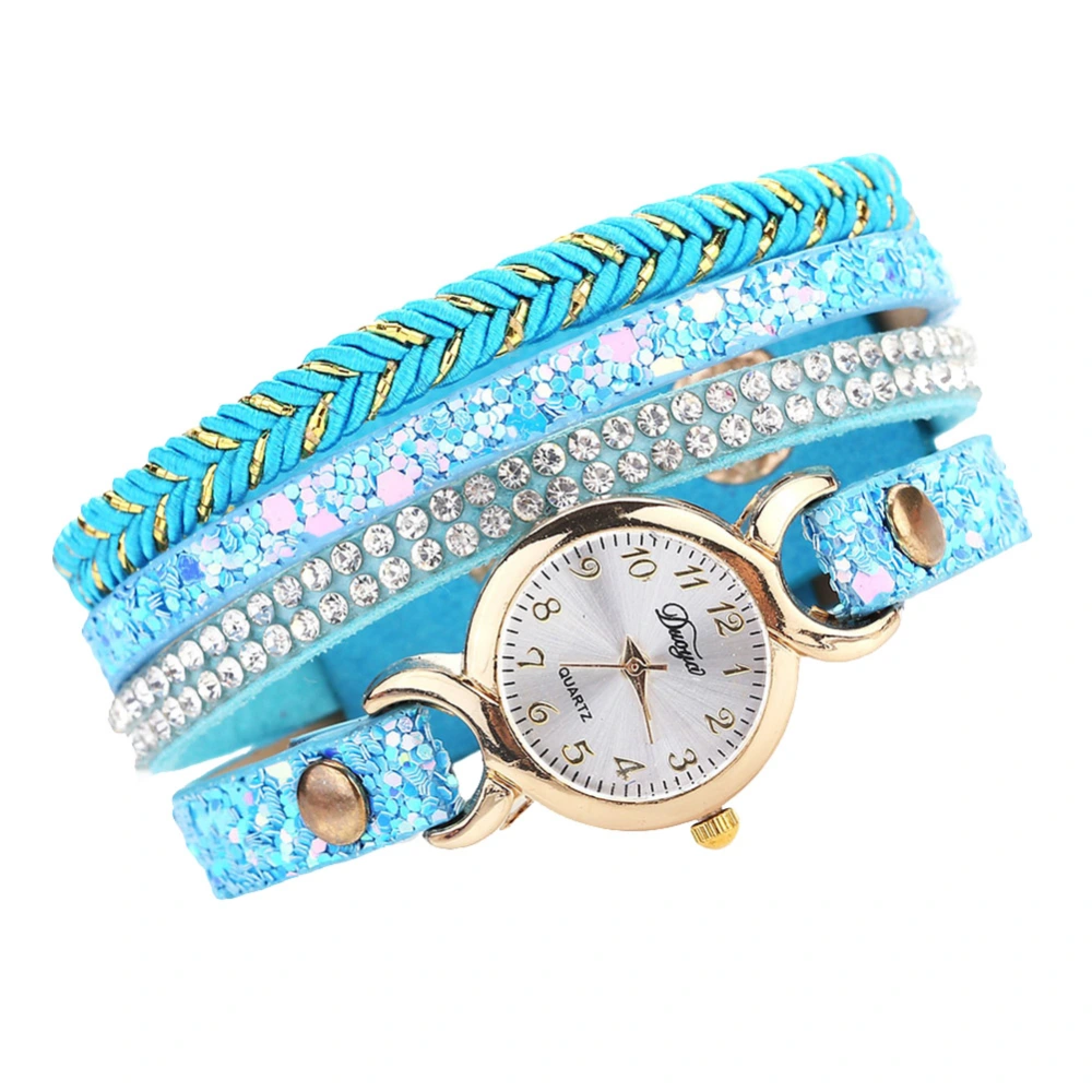 Fashion Women PU Leather Strap Quartz Rhinestone Woven Bracelet Watch (Sky Blue)